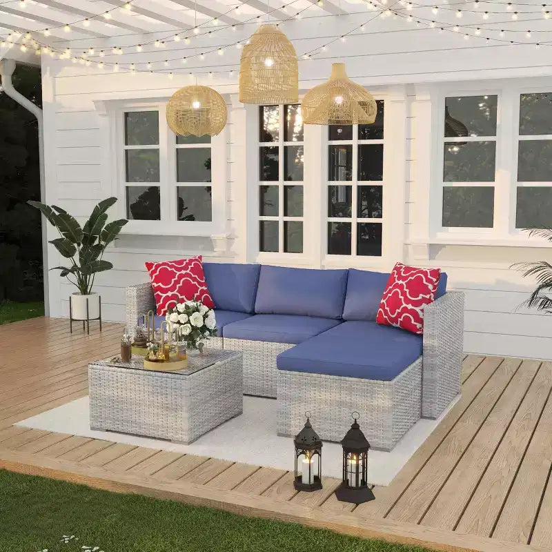 5 Pieces Patio Furniture Set, All-Weather Wicker Sectional Sofa With Anti-Slip Cushions, Rattan Outdoor Patio Furniture Sofa Set With Ottoman