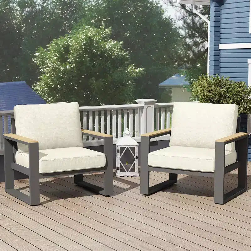 Heynemo Aluminum Outdoor Armchair, 2 Pieces All-Weather Metal Patio Single Sofa, Patio Conversation Set for Porch Backyard Garden