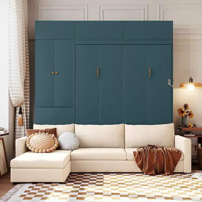Queen Size Murphy Bed with Sofa and Cabinet, Wooden Queen Cabinet Bed Wall Bed with Shelves, Folding Wall Chest Bed for Guest Room Office