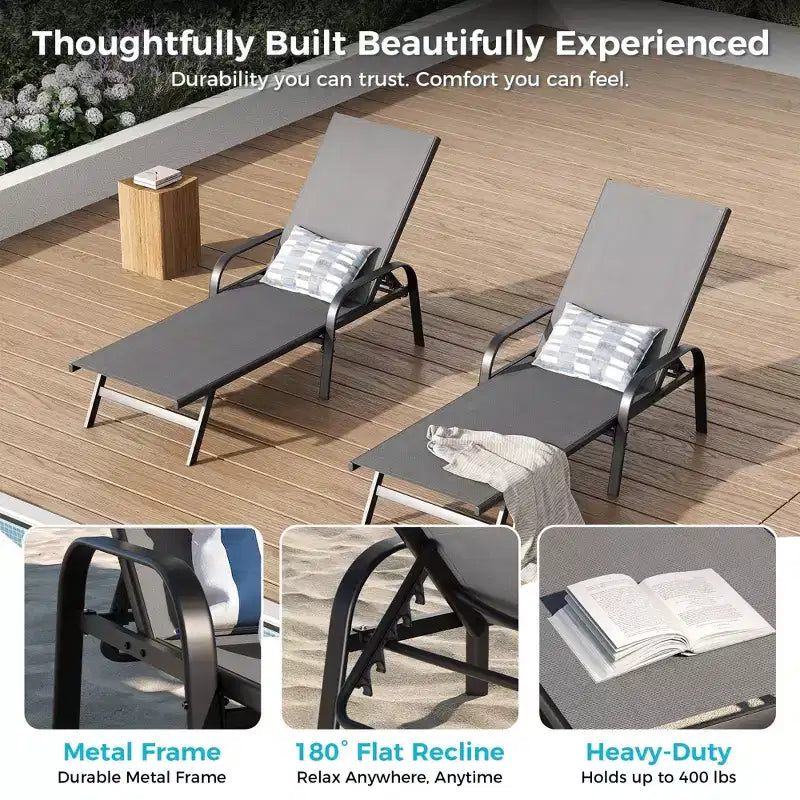 Set of 2 Outdoor Patio Chaise Lounge Chairs, 5-Position Adjustable Reclining Chairs with Textilene Fabric, Poolside Loungers for Garden & Balcony