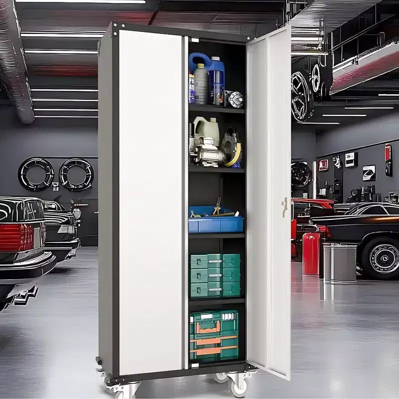Garage Storage Cabinet with Wheels & Pegboard, 72 H Locking Metal Storage Cabinet with 2 Doors & 4 Adjustable Shelves for Garage Workshop