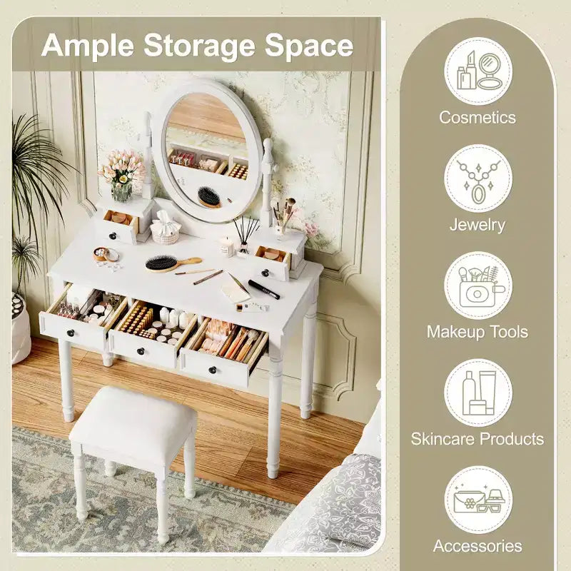 Okak Vintage Wooden Makeup Vanity with Adjustable Angle Mirror, Vanity Table with 5 Drawers and Cushioned Stool, Vanity Desk for Bedroom