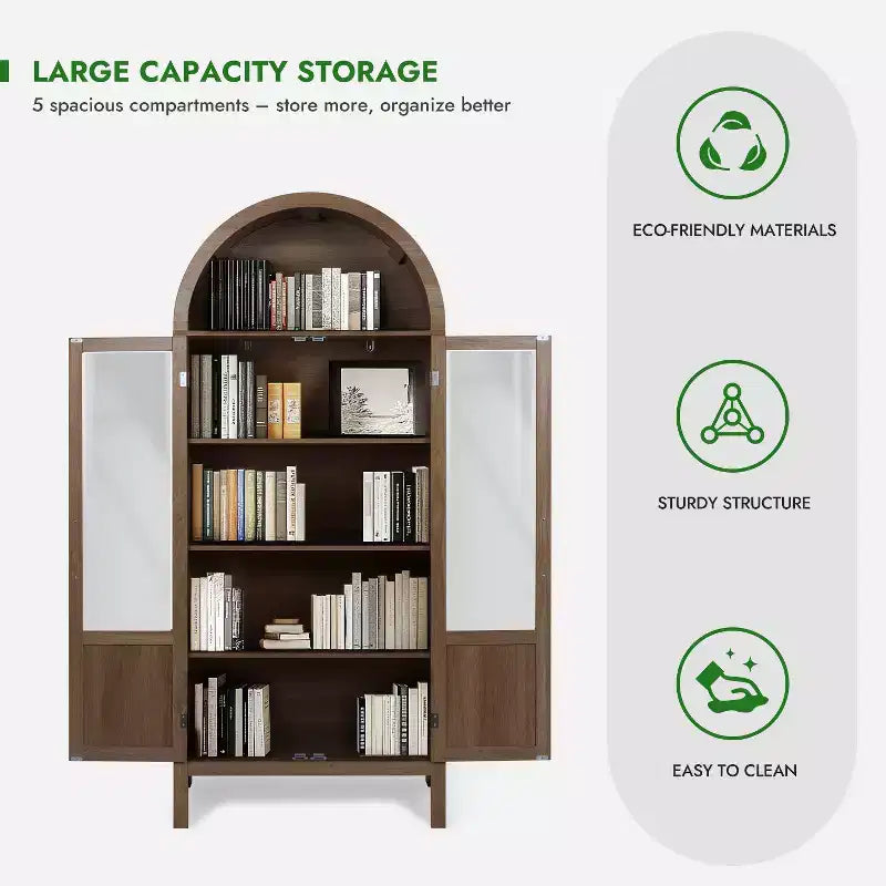 71 Tall Arched Storage Cabinet with 2 Acrylic Doors and Shelves for Living Room