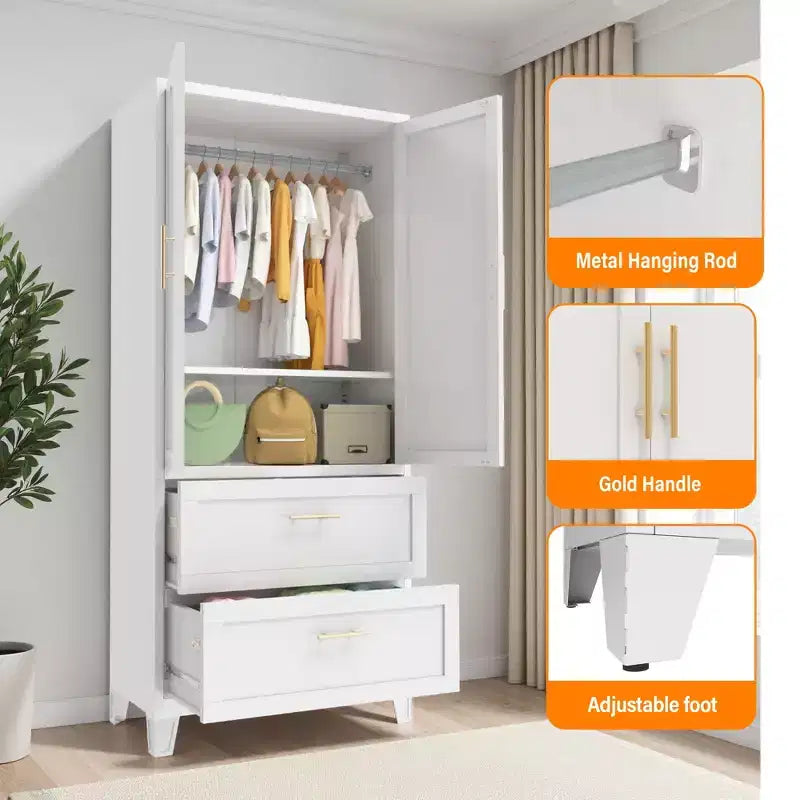 JVNOXK 71 inchTall Metal Wardrobe Cabinet with 2 Drawers and Hanging Rod, 2 Doors Wardrobe Closet with Shelf for Bedroom, White