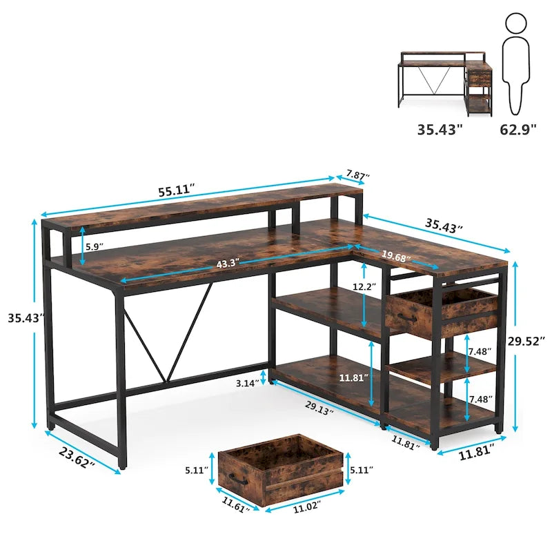 L Shaped Desk with Drawer, Home Office Corner Desk with Storage Shelves and Monitor Stand, Rustic PC Desk for Small Space