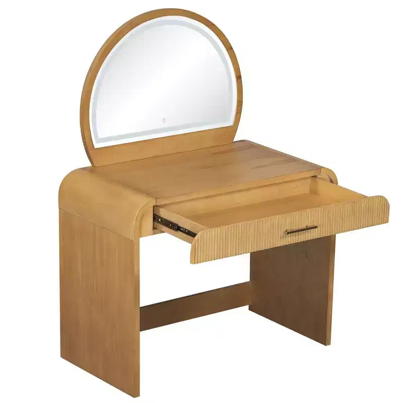 Makeup Vanity Table with Large Mirror and Touch Screen, Vanity Desk with Large Drawer and Arched Corner, Dressing Table for Bedroom