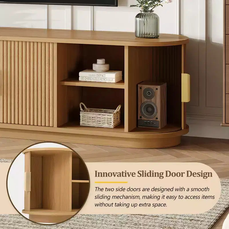 GDFStudio Roy Farmhouse Wooden TV Stand with Sliding Tambour Door and Adjustable Storage