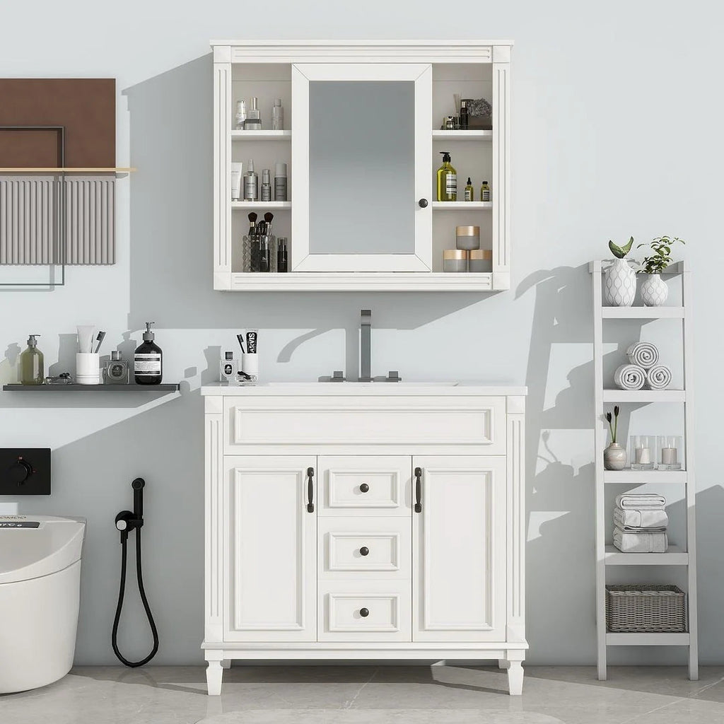 36 Modern Bathroom Vanity with Top Sink and Mirror Cabinet,2 Doors and 2 Drawers