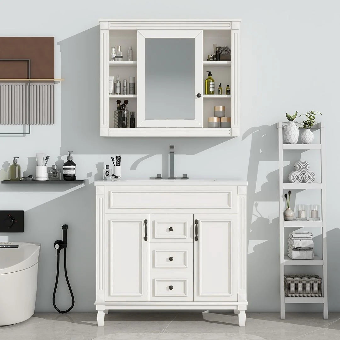 36 Modern Bathroom Vanity with Top Sink and Mirror Cabinet,2 Doors and 2 Drawers