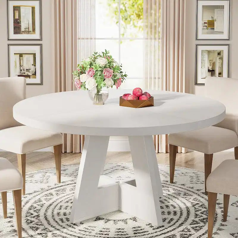 47 Inch Round Dining Table for 4, Wood Farmhouse Dinner Dinning Table for Kitchen Dining Living Room