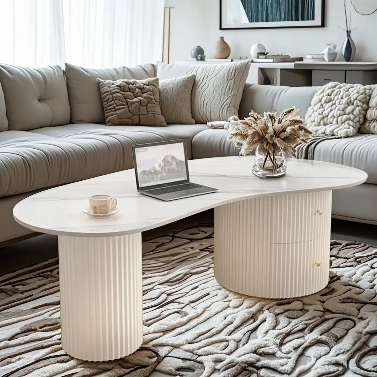 Minimalist Standard White Oval Coffee Table with 2 Drawers