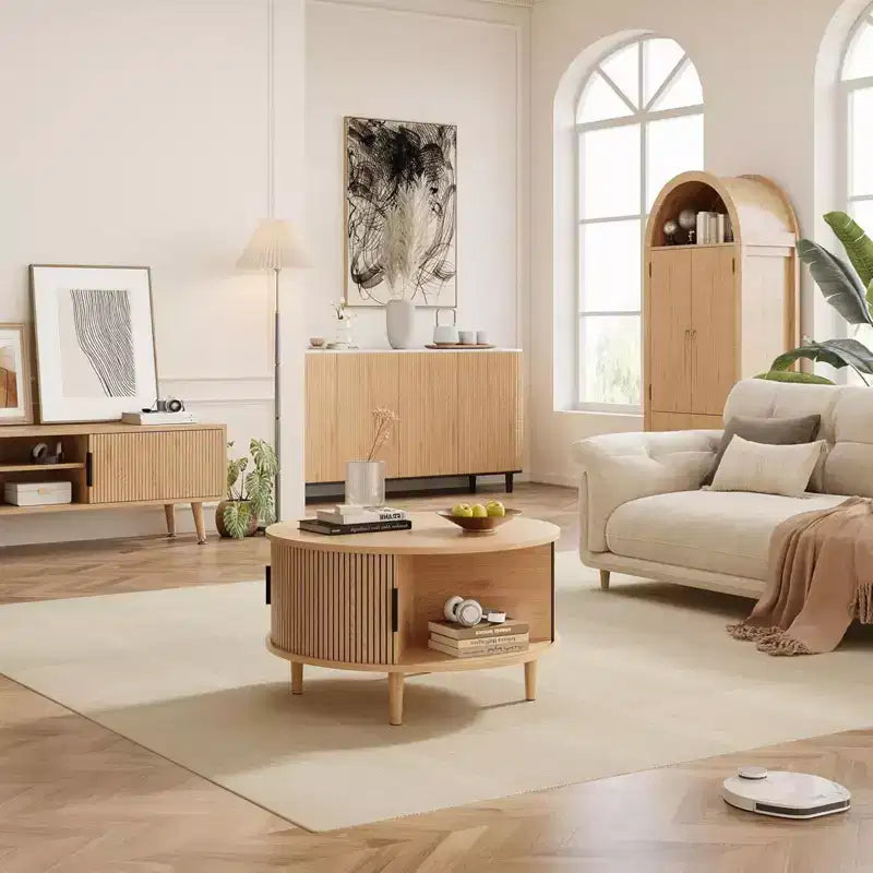 NAYSAYE Round Coffee Table with Storage, 31.5 Fluted Center Table for Living Room, Modern Walnut Wood Circle End Table for Small Space