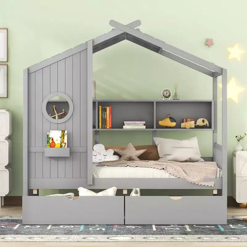 Whisen Twin Size House Bed & Kids Bed, Playhouse Bed with 2 Drawers, Storage Shelf
