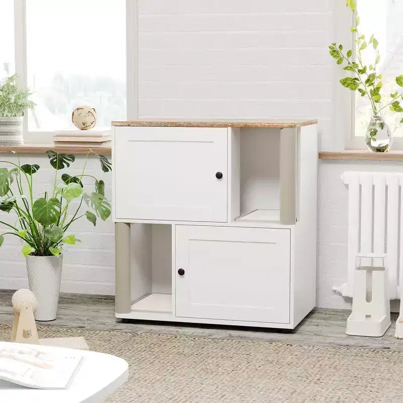 Litter Box Enclosure with Double Room, Hidden Enclosed Litterbox Furniture with Scratch Posts and Double-Layer Litter Mats Indoor Pet House