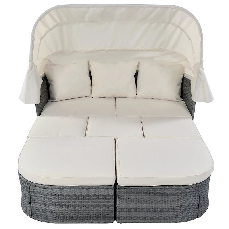 Outdoor Gray Wicker Daybed with Cushions and Retractable Canopy