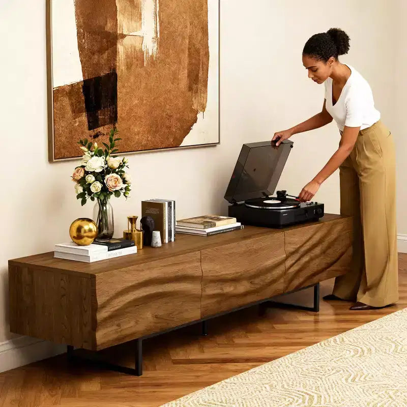 82.83 Inch Modern TV Stand with Solid Wood Drawers and Vents, Media Console for Living Room