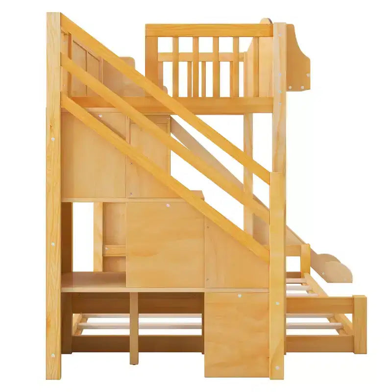 Twin over Full Bunk Bed with Slide, Shelves, Storage Staircase and Wardrobe for Kids Room
