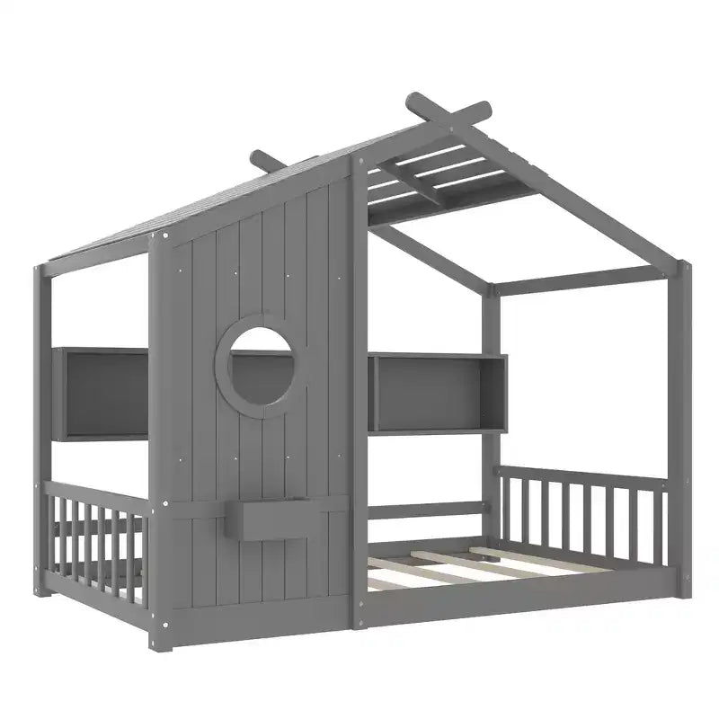 Twin Size Floor House Bed, Kids Montessori Playhouse Bed with Storage Shelf and Roof Design