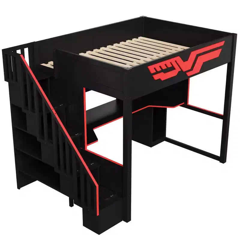 Whisen Full Size Gaming Loft Bed Frame with Desk and Storage Staircase - Red & Black