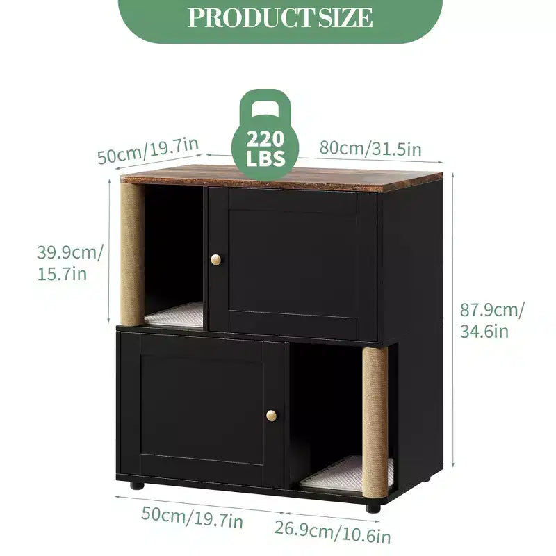 Litter Box Enclosure with Double Room, Hidden Enclosed Litterbox Furniture with Scratch Posts and Double-Layer Litter Mats Indoor Pet House