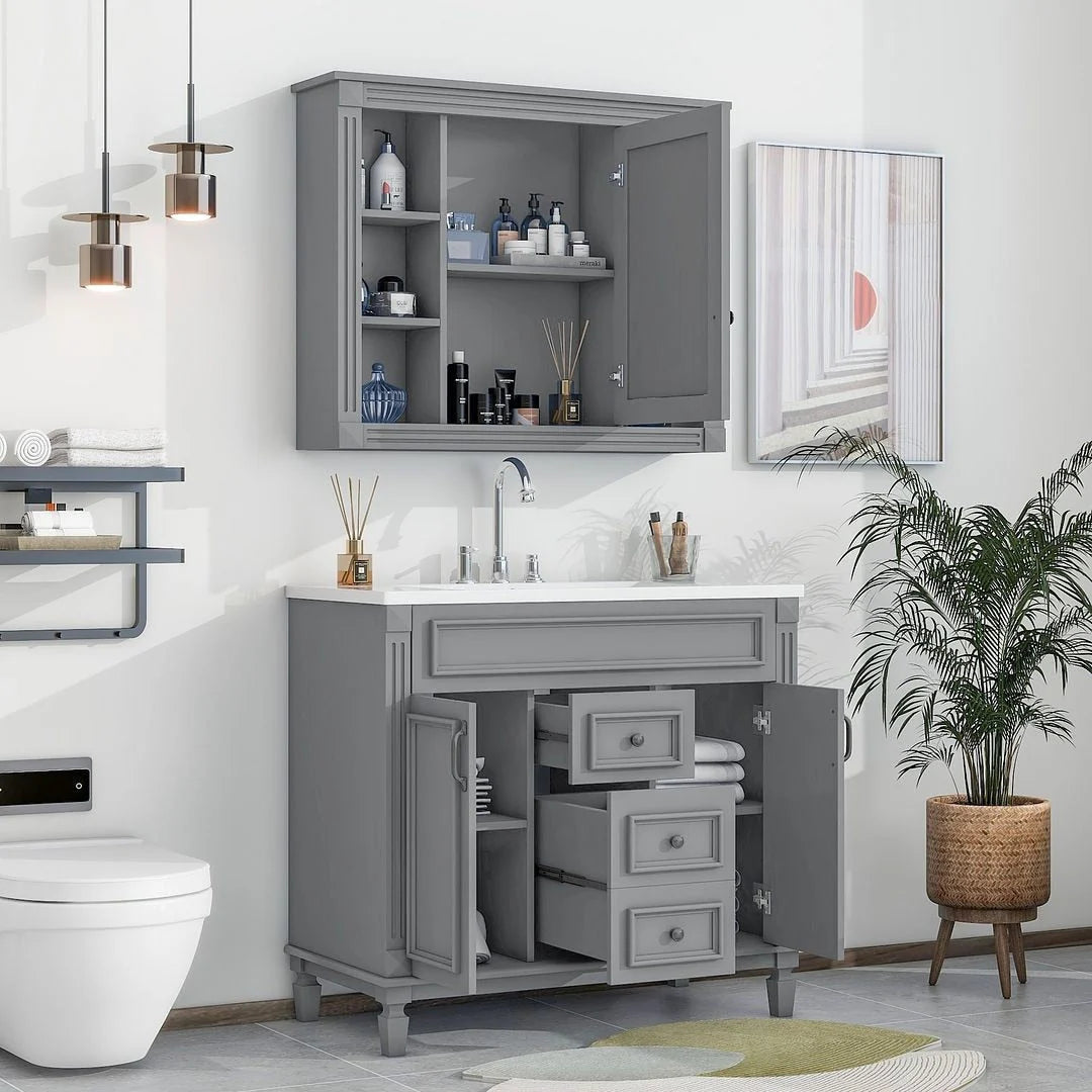 36 Modern Bathroom Vanity with Top Sink and Mirror Cabinet,2 Doors and 2 Drawers