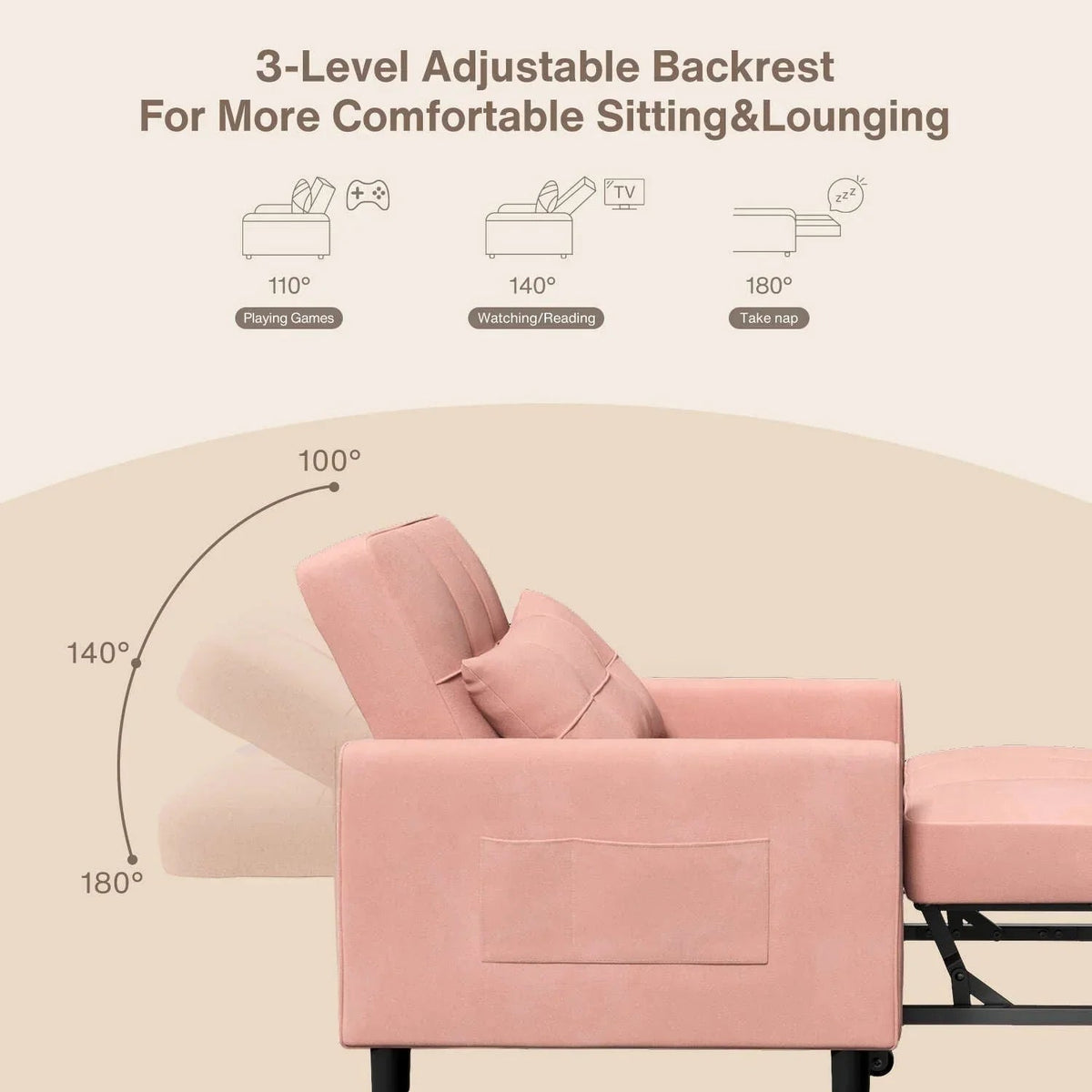 3-in-1 Adjustable Sleeper Sofa Bed, Pull Out Chair Sofa, Convertible Folding Bed for Living Room