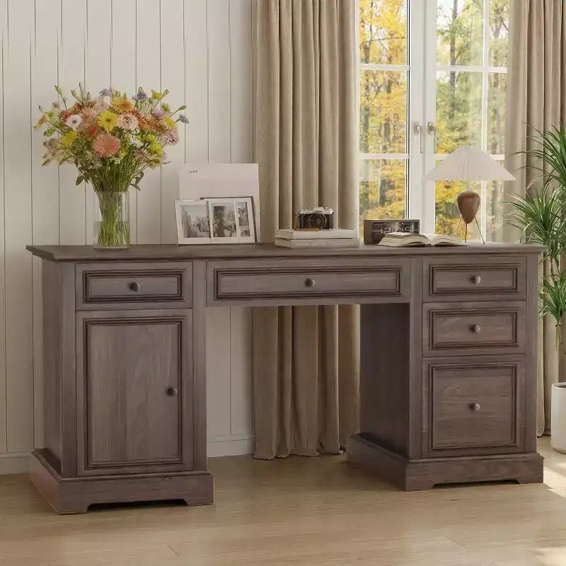 60 Farmhouse Executive Desk for Home Office - Wooden Writing Desk with Drawers, Cabinet Storage, Rustic Home Office Desk for Work Study