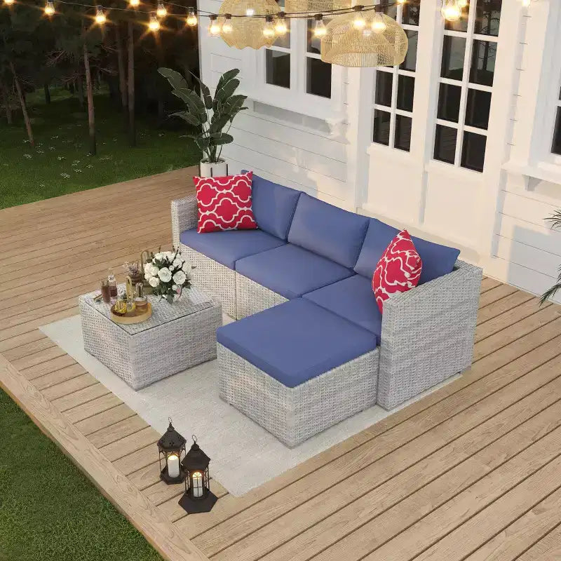 5 Pieces Patio Furniture Set, All-Weather Wicker Sectional Sofa With Anti-Slip Cushions, Rattan Outdoor Patio Furniture Sofa Set With Ottoman