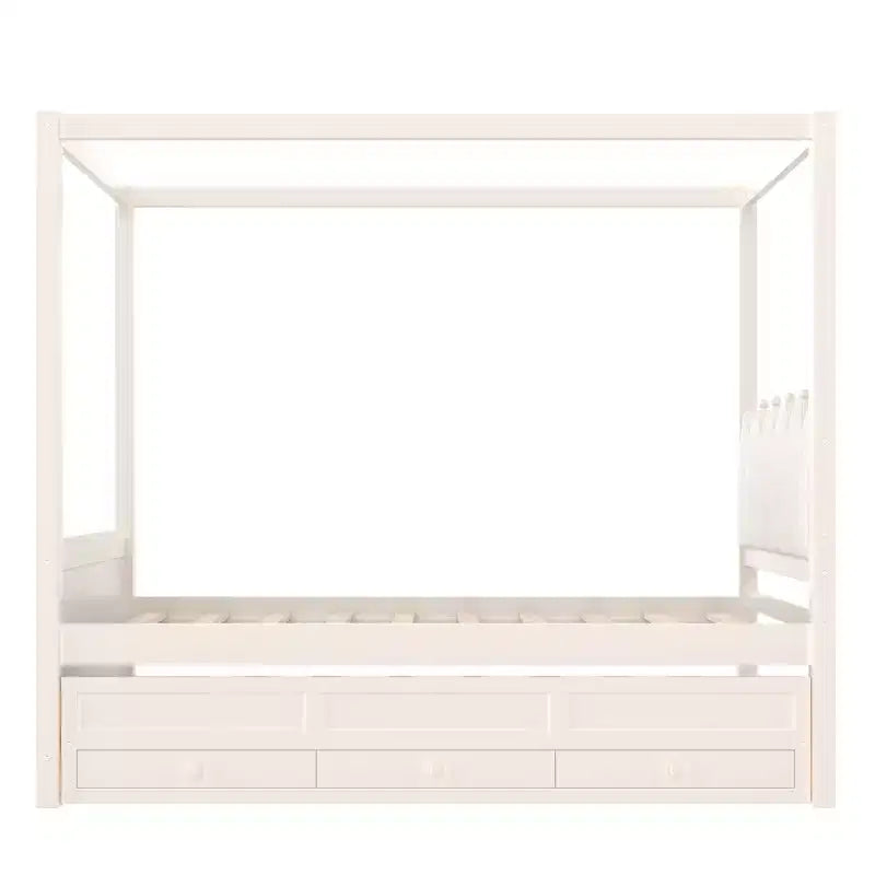 Twin/Full Size Platform Bed with Trundle, Princess Wood Canopy Bed with 3 Drawers, Storage Bed with Upholstered Headboard for Bedroom