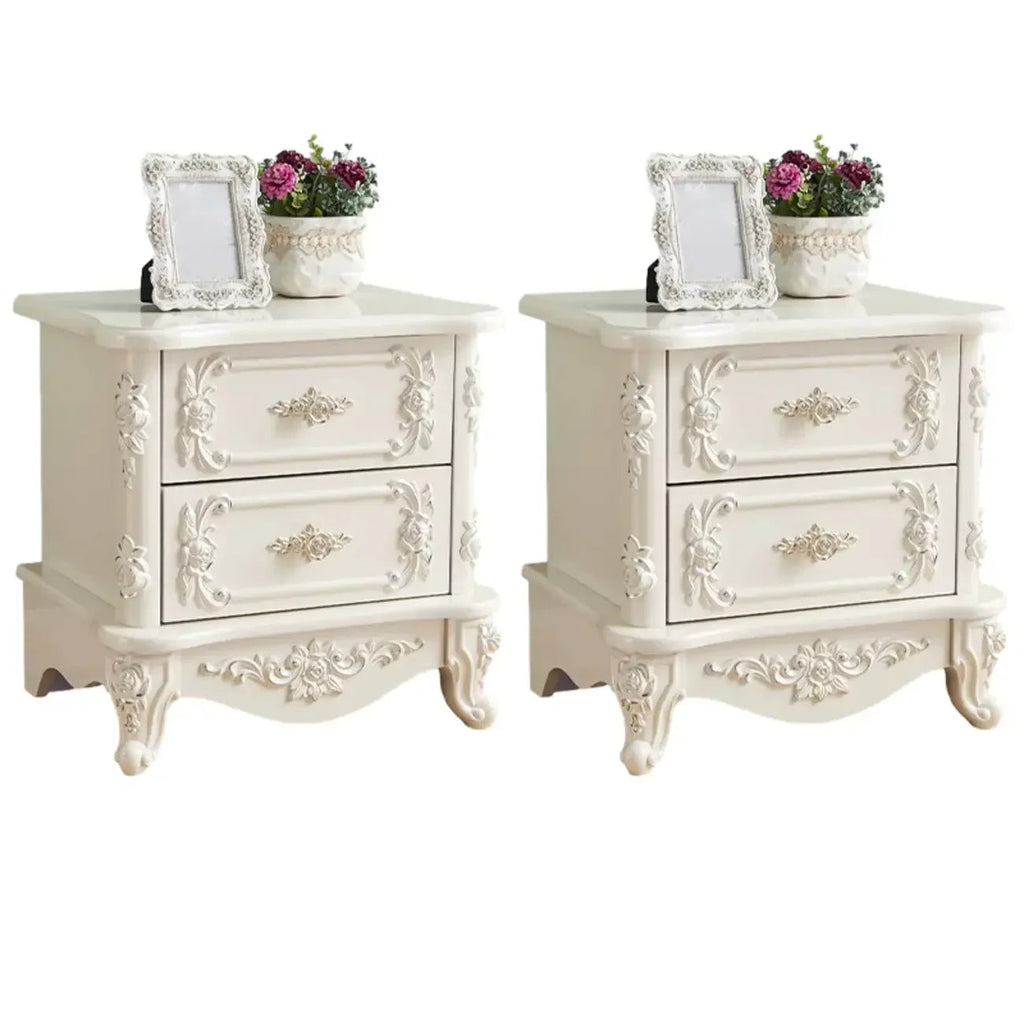 Traditional White Wood Carved 3-Drawer Nightstand