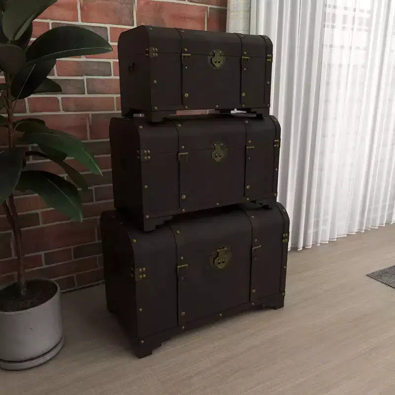 Set of 3 Traditional Wood Trunks Brown - Olivia & May: Distressed Finish, No Assembly, Decorative Storage