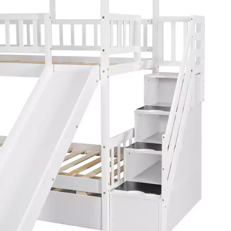 Whisen Twin over Twin House Bunk Bed with Trundle and Slide, Storage Staircase, Roof and Window Design