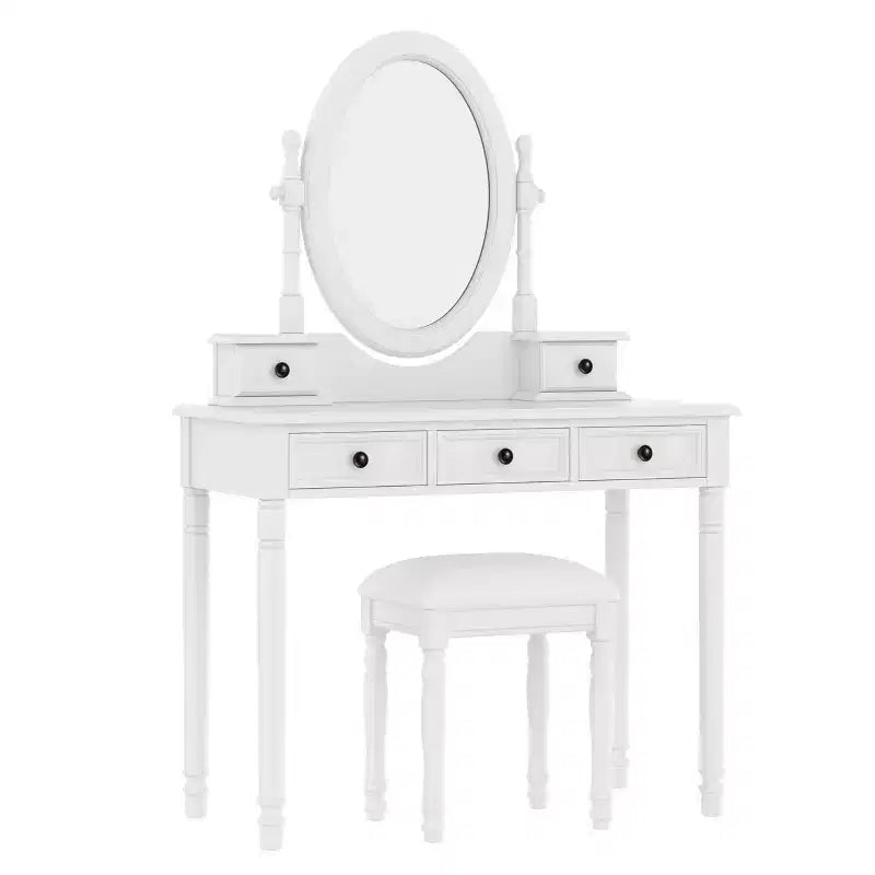 Okak Vintage Wooden Makeup Vanity with Adjustable Angle Mirror, Vanity Table with 5 Drawers and Cushioned Stool, Vanity Desk for Bedroom