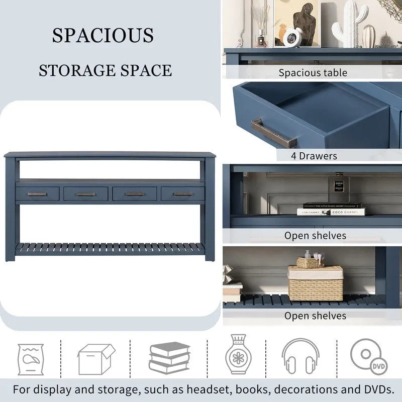 Long Entryway Console Sofa Table with Drawers, Farmhouse Wood Sofa Tables Console Table with 4 Drawers and 2 Shelves