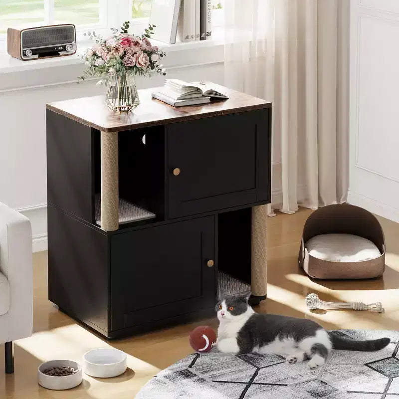 Litter Box Enclosure with Double Room, Hidden Enclosed Litterbox Furniture with Scratch Posts and Double-Layer Litter Mats Indoor Pet House