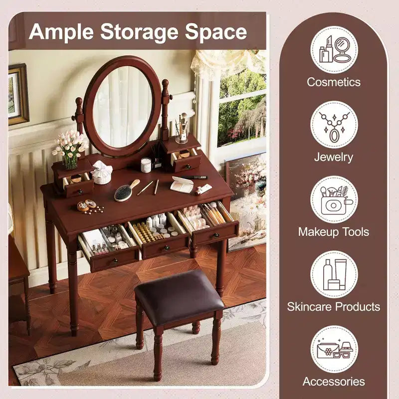 Okak Vintage Wooden Makeup Vanity with Adjustable Angle Mirror, Vanity Table with 5 Drawers and Cushioned Stool, Vanity Desk for Bedroom