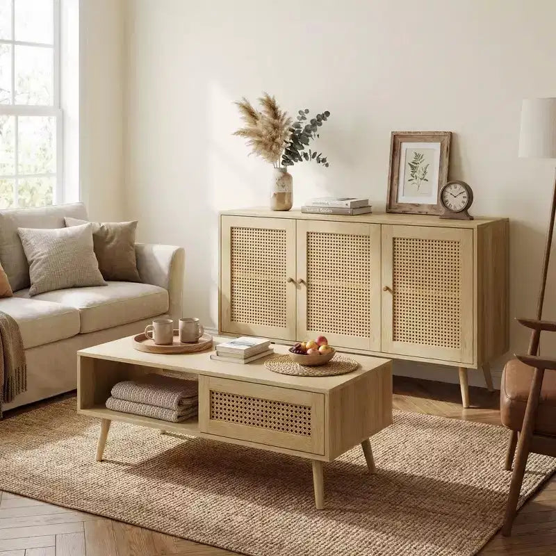 Brown Rattan-Style 2-Piece Living Room Set (TV Stand + Coffee Table), Seats 1