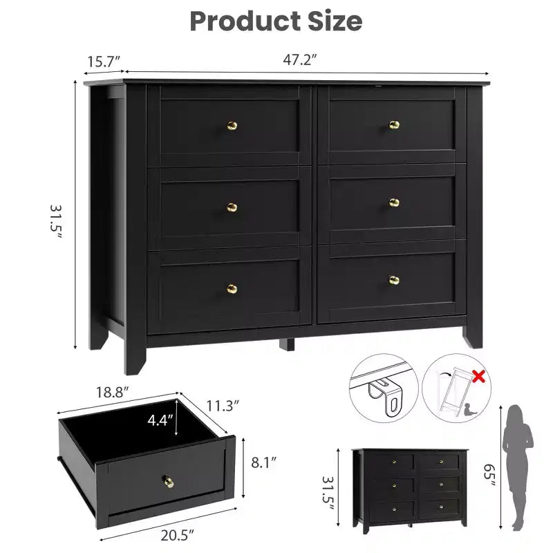 6 Drawer Dresser for Bedroom, Large Dresser with Deep Drawers & Metal Knobs, Modern Wooden Chests of Drawers for Entryway, Hallway