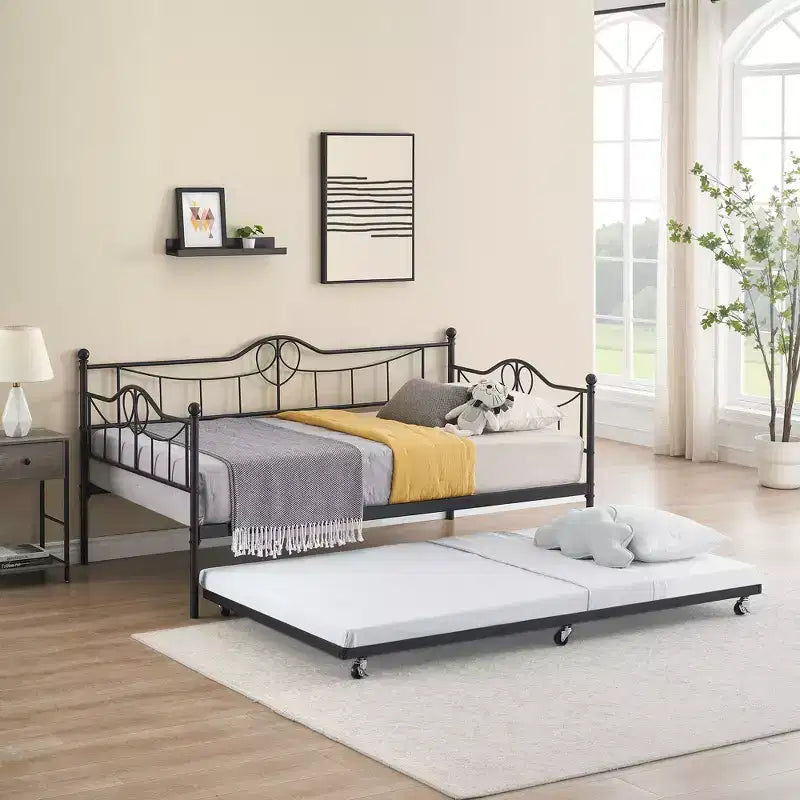 Twin Day Bed with Trundle Bed Twin, Metal Daybed with Trundle, Daybed with Trundle Bed Frame, Steel Slat Support Sofa Bed for Kids Teens Adults