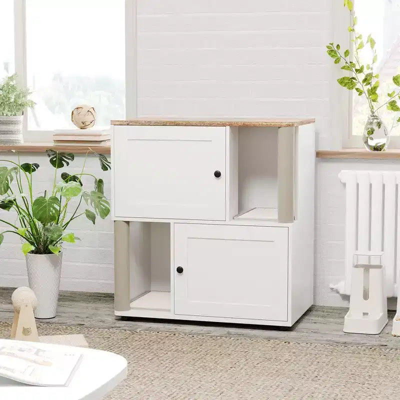 Litter Box Enclosure with Double Room, Hidden Enclosed Litterbox Furniture with Scratch Posts and Double-Layer Litter Mats Indoor Pet House