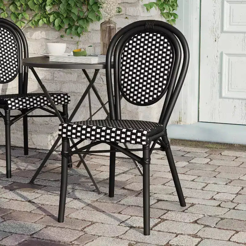 Flash Furniture Lourdes Indoor/Outdoor Commercial Thonet Bistro Stacking Chair, PE Rattan and Aluminum Frame