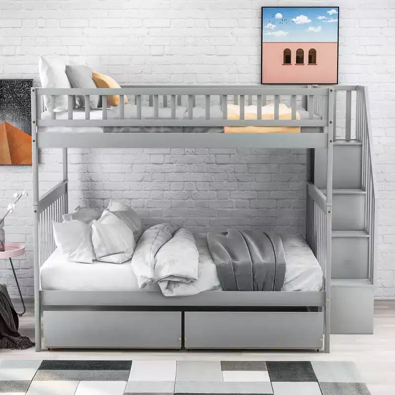 Full over Full Bunk Bed with Two Storage Drawers and Storage Shelves for Kids Teens Adults Bedroom