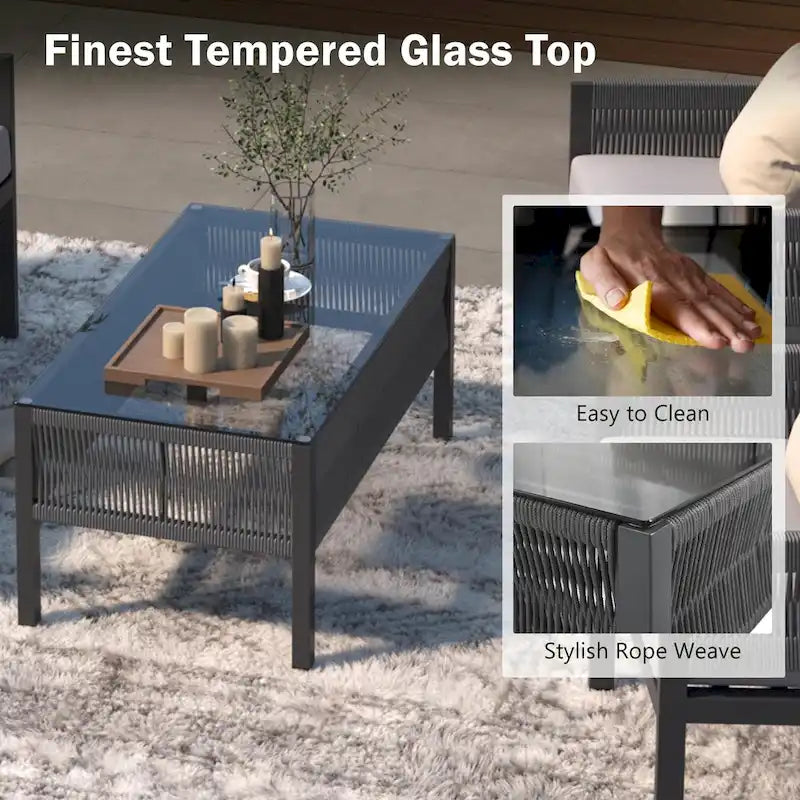 4-Piece Patio Furniture Set, Outdoor Garden Conversation Set with Tempered Glass Table, Deep Seating and Thick Cushion