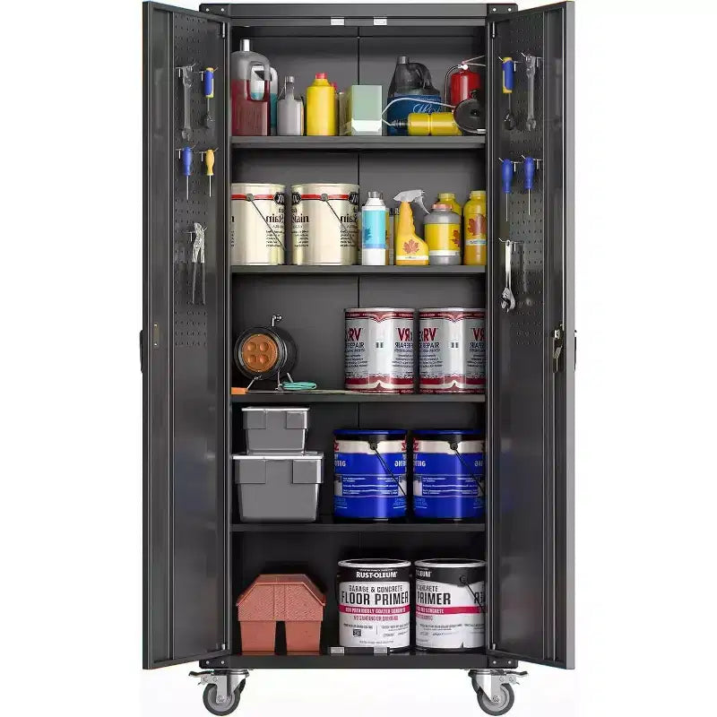 Garage Storage Cabinet with Wheels & Pegboard, 72 H Locking Metal Storage Cabinet with 2 Doors & 4 Adjustable Shelves for Garage Workshop