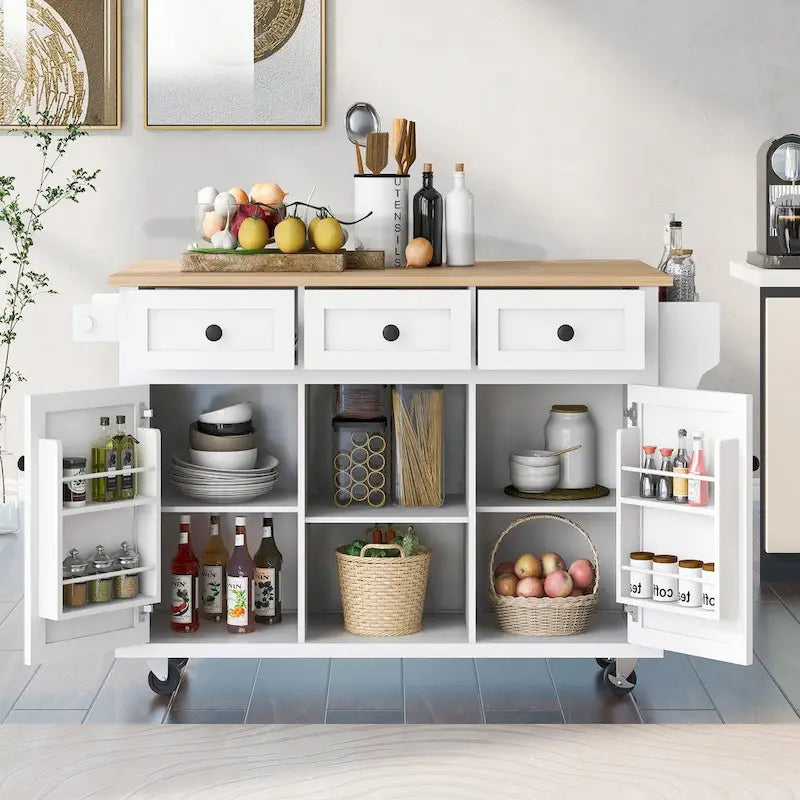 White Kitchen Island on 5 Wheels with Storage Cabinet and 3 Drawers
