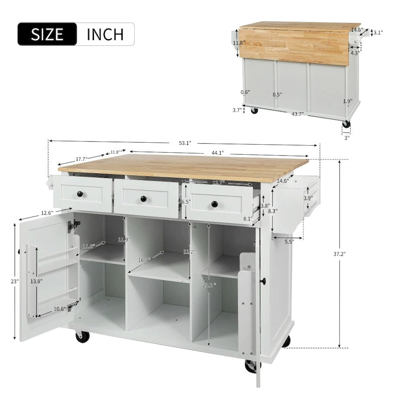 Îlot de cuisine blanc sur 5 roulettes avec meuble de rangement et 3 tiroirs