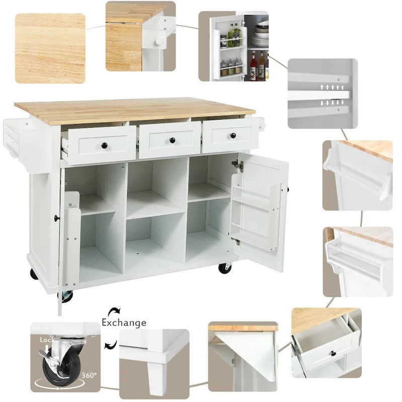 Îlot de cuisine blanc sur 5 roulettes avec meuble de rangement et 3 tiroirs