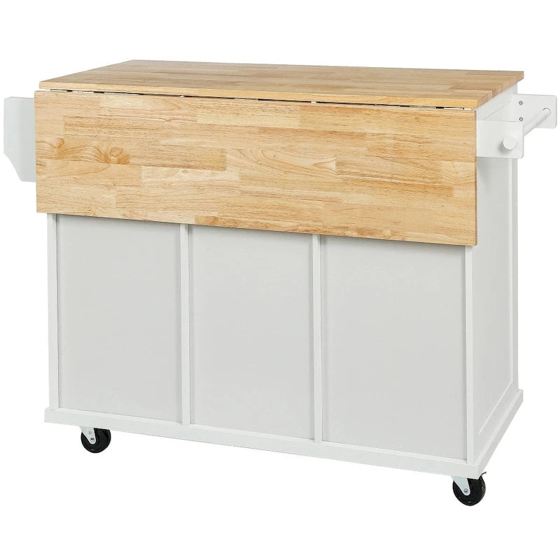 Îlot de cuisine blanc sur 5 roulettes avec meuble de rangement et 3 tiroirs
