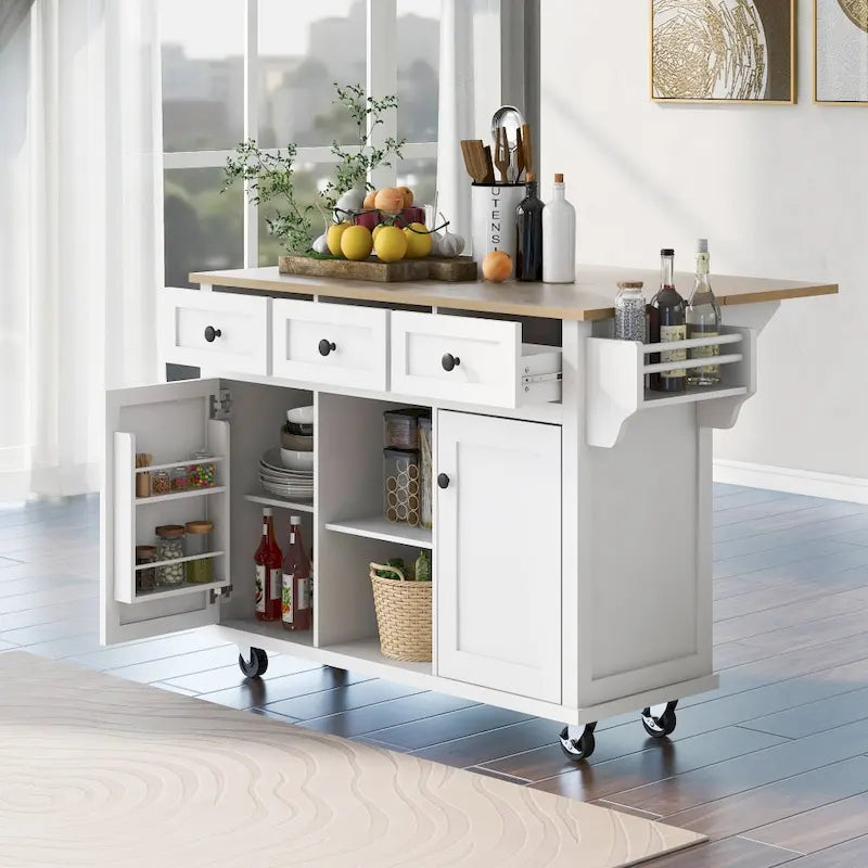 Îlot de cuisine blanc sur 5 roulettes avec meuble de rangement et 3 tiroirs