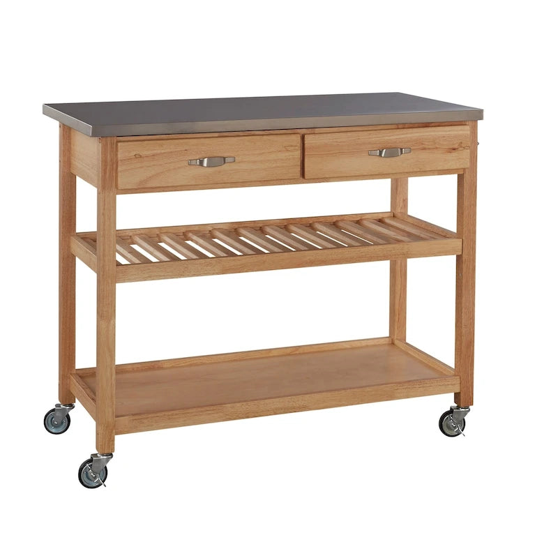 Desserte de cuisine en bois marron avec plateau en acier inoxydable et roulettes blocables
